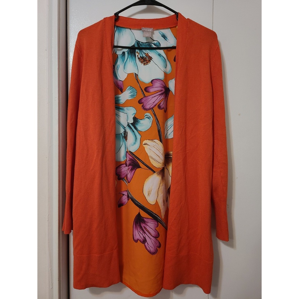 Chico's Orange Open-front Cardigan Vibrant Floral Printed Liner. Size 6/M